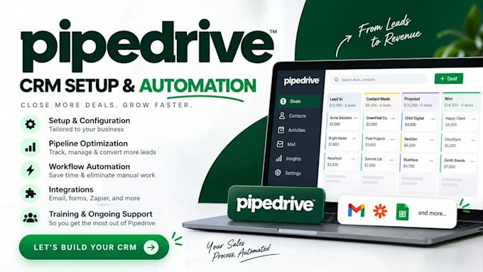 setup pipedrive CRM, optimize pipedrive pipelines, automation and email sequence