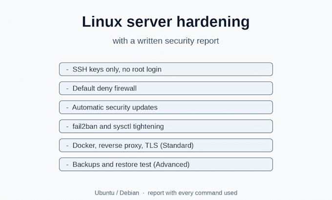 harden your linux server and send a written security report