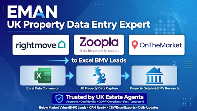 do UK real estate data entry onthemarket to excel in 24h