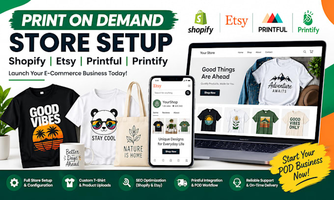 setup shopify etsy website print on demand custom tshirt printiful merch design