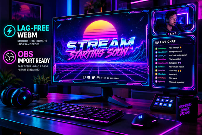 design premium animated kick twitch overlay packages in webm