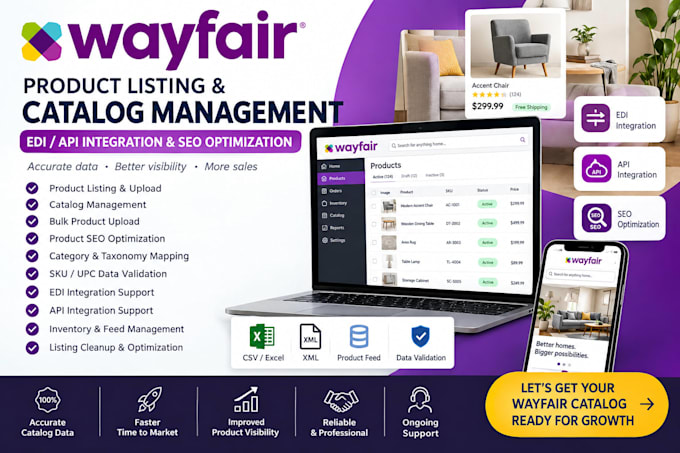 do wayfair product listing catalog management edi apl integration seo