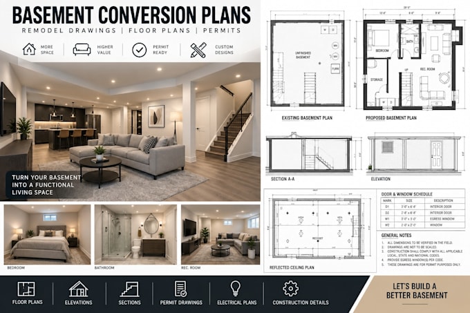 create basement conversion plans, remodel drawings, floor plans and permits
