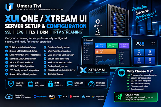 setup xui one server, xtream ui, ssl, epg, tls and drm server