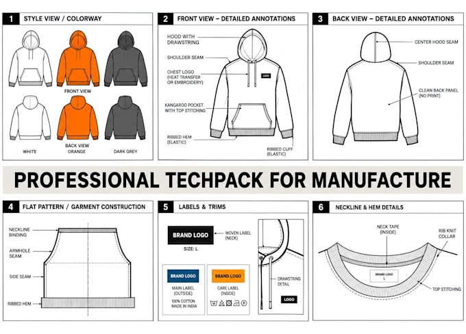 create fashion tech pack, clothing tech pack and apparel flat sketches