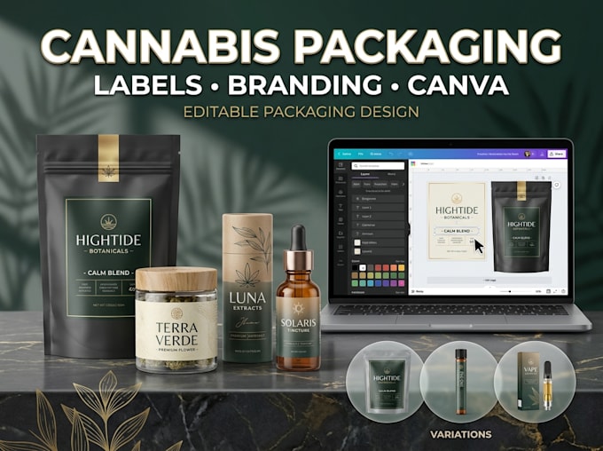 design cannabis packaging, labels, branding in canva