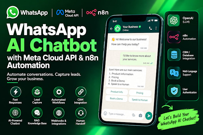 build whatsapp ai chatbot with meta cloud API, n8n automation, CRM integrations