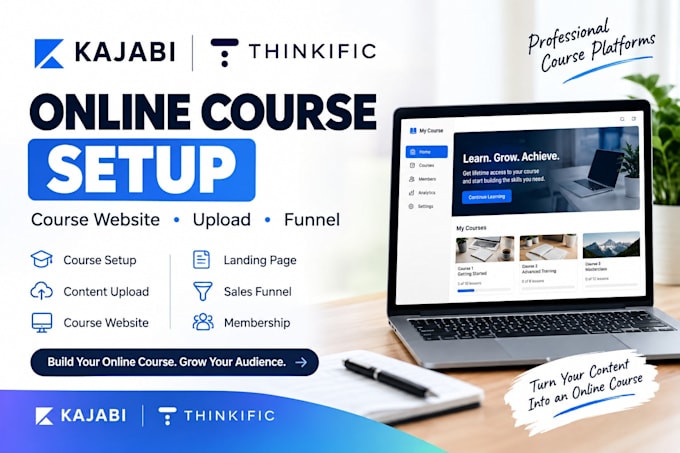setup kajabi thinkific online course website, course upload and sales funnel