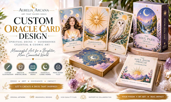 custom oracle card design, spiritual card deck, deck guidebook, celestial comic