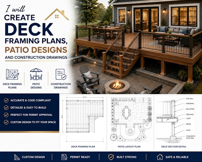 create deck framing plans, patio designs and construction drawings