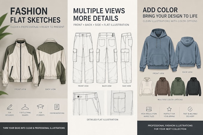 create professional clothing technical flat sketches