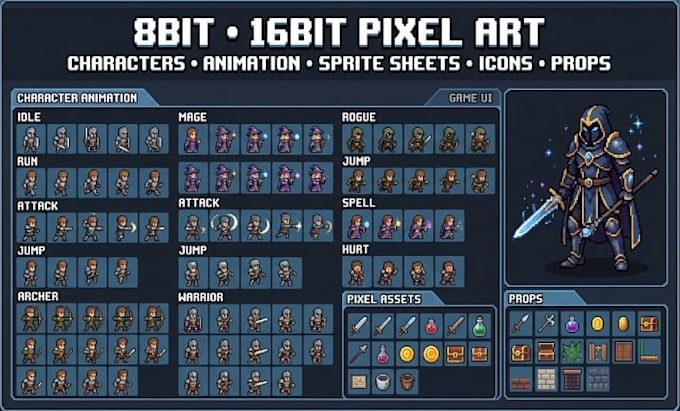 create 8bit 16bit pixel art character animation sprite sheet retro pixel art