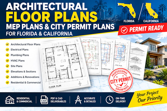 draw stamped architectural plan mep city permit floor plan florida california