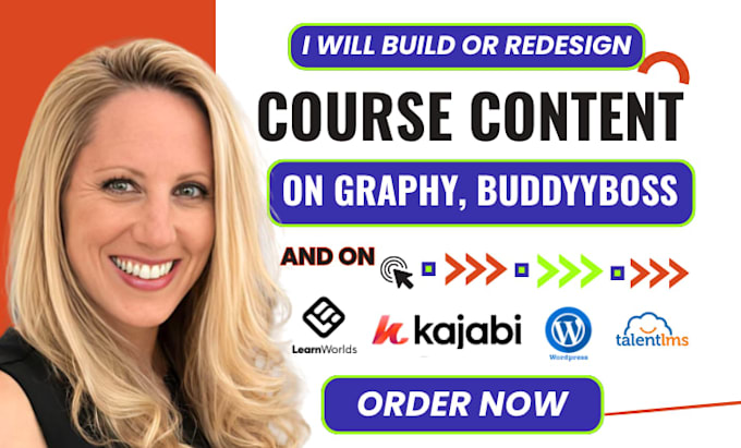 build, redeign course content on learnworlds, graphy, moodle and wordpress lms