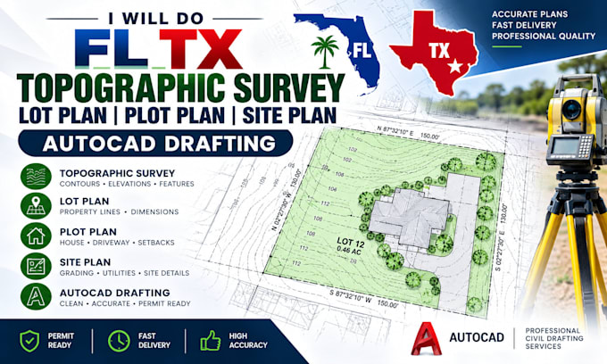 do fl tx topographic survey lot plan plot plan site plan autocad drafting