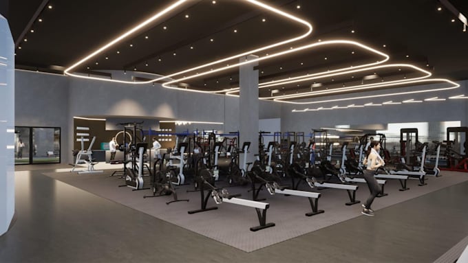 design a realistic 3d gym interior and fitness center