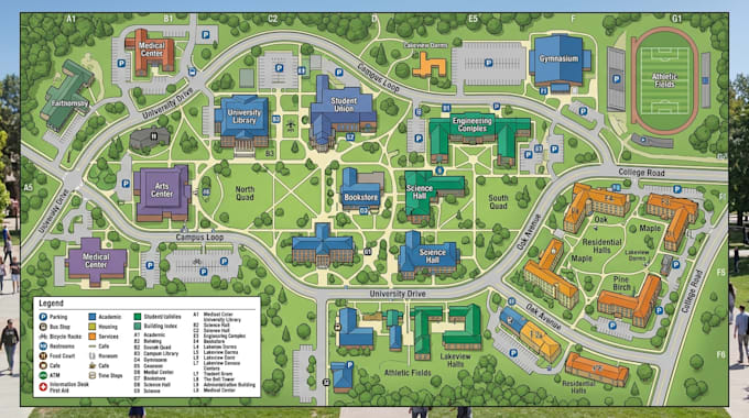 design campus map, venue directory and outdoor wayfinding map