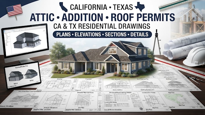 do attic remodel,home addition and roof modification permit drawing set in ca,tx