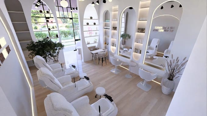 setup modern beauty salon, cgi minimalist interior layout,digital spatial mockup