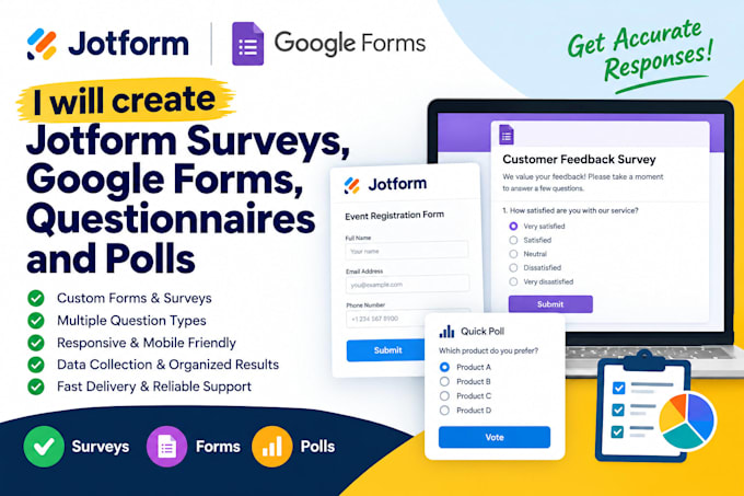 create jotform surveys, google forms, survey monkey, questionnaires and polls