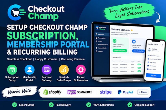setup checkout champ subscription, membership portal and recurring billing