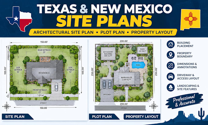 do architectural site plan, plot plan and property layout for new mexico, texas