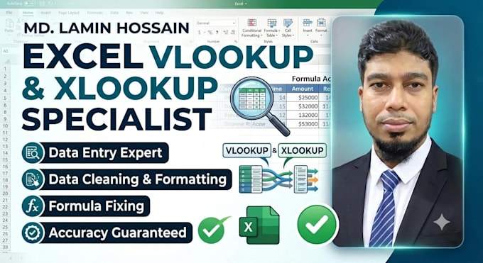 fix excel formulas, vlookup, xlookup, and do accurate data entry