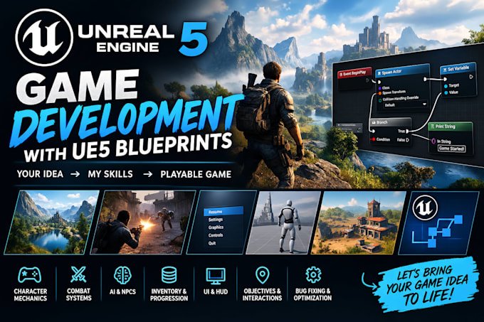 do unreal engine game development, create unreal engine game, ue5 blueprints