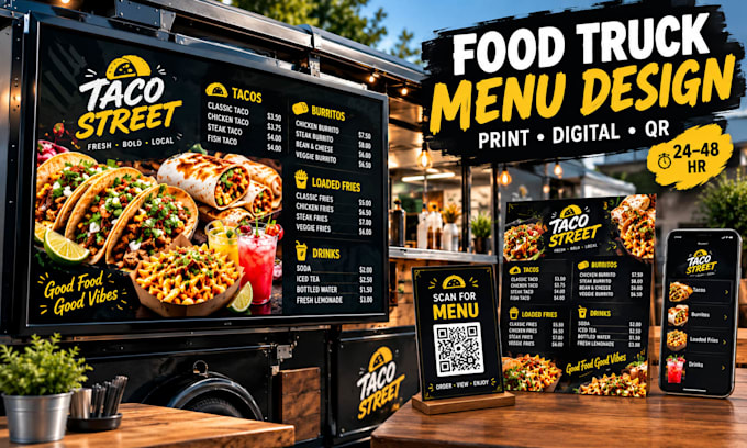 design food truck menu, digital menu board and qr code menu