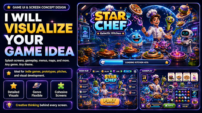 design game UI screens, splash screens and visual concepts