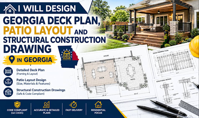 design georgia deck plan, patio layout and structural construction drawing