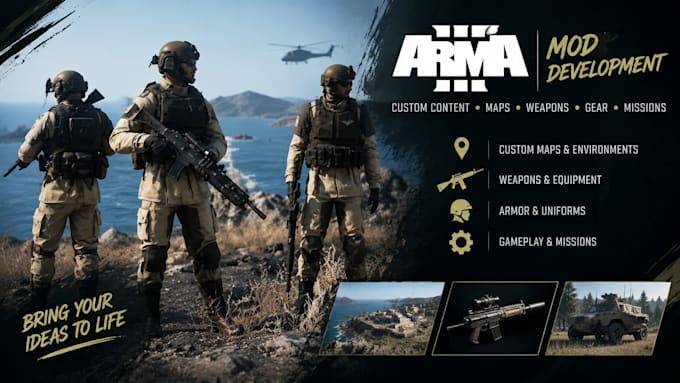 create custom reforger arma3 mods, 3d map, weapon, armor, immersive environments