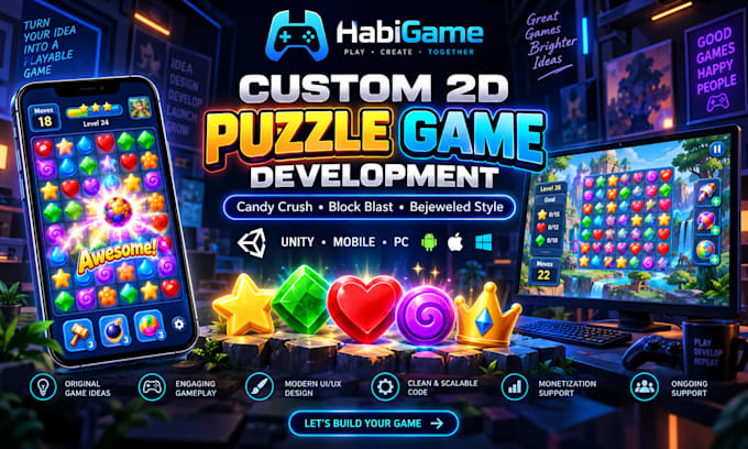 develop a 2d puzzle game like candy crush, block blast or bejeweled