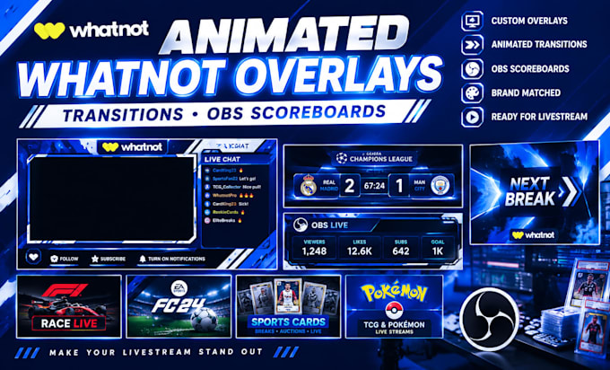 design animated whatnot overlays, transitions and obs scoreboards