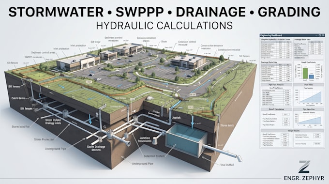 create stormwater management swppp drainage grading plan,hydraulic calculations