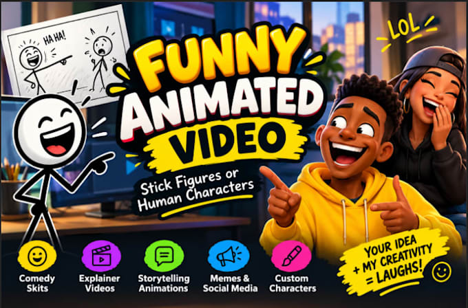 create a funny animated video with stick figures or human characters