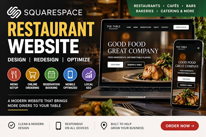 fix squarespace restaurant website, mobile design, online ordering and local seo