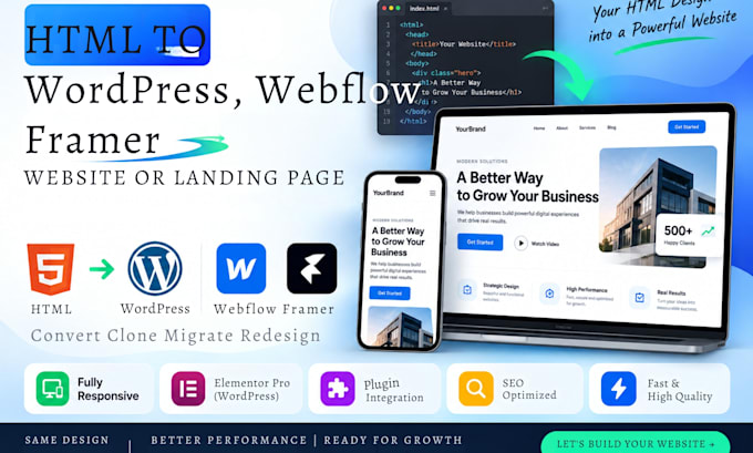 convert html website to responsive wordpress webflow framer squarespace website