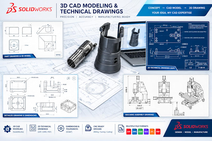 create cnc machining cad design, dxf technical drawings