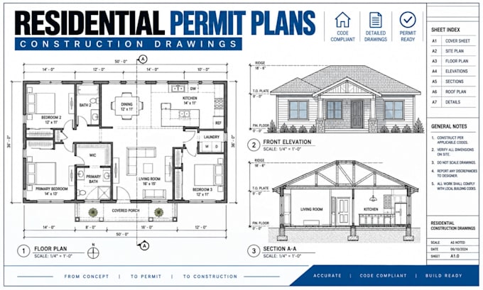 draft residential permit drawings, blueprints with construction plans