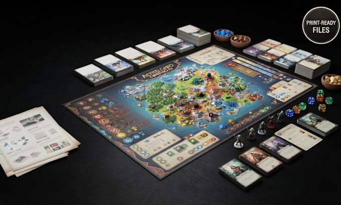 design custom board game mechanics, card game layout, and rulebook