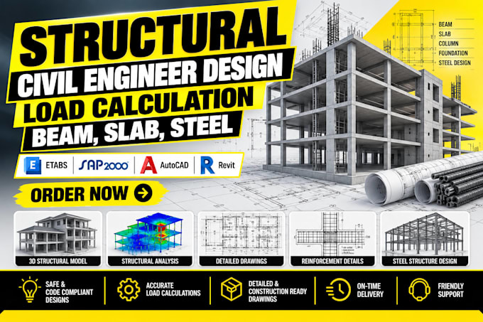 do expert structural civil engineer design, load calculation, beam, slab, steel