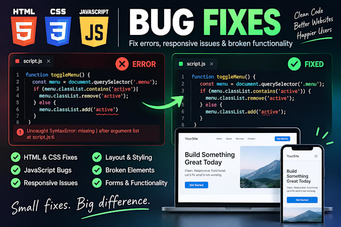 fix HTML CSS and javascript issues on your website