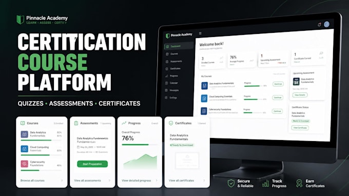 build a certification course platform with quizzes and certificates