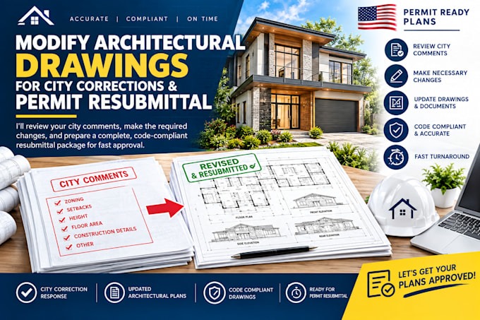 modify architectural drawings for city corrections and permit resubmittal