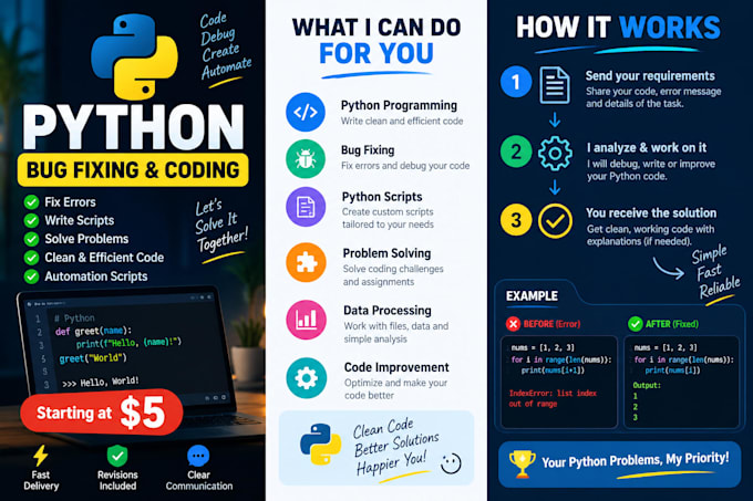 fix python bugs, solve coding problems and write python script