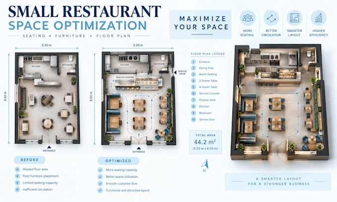 design small restaurant layout with optimized seating and furniture placement