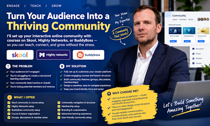 setup interactive community with courses for skool, mighty networks, buddyboss