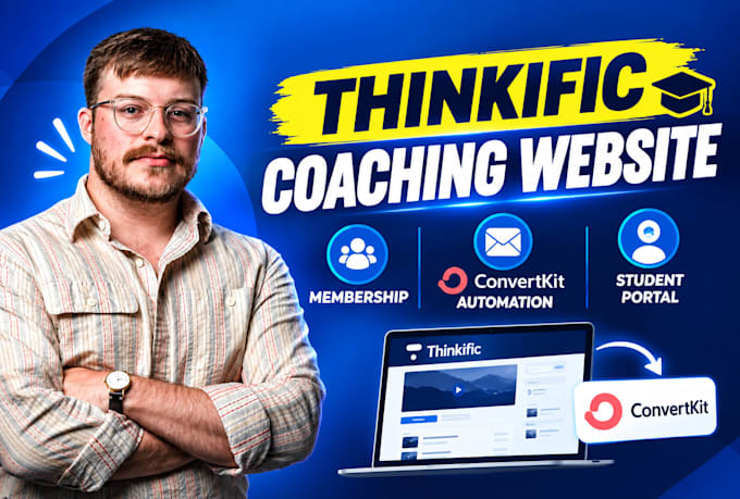 setup thinkific coaching website, membership, convertkit automation, portal