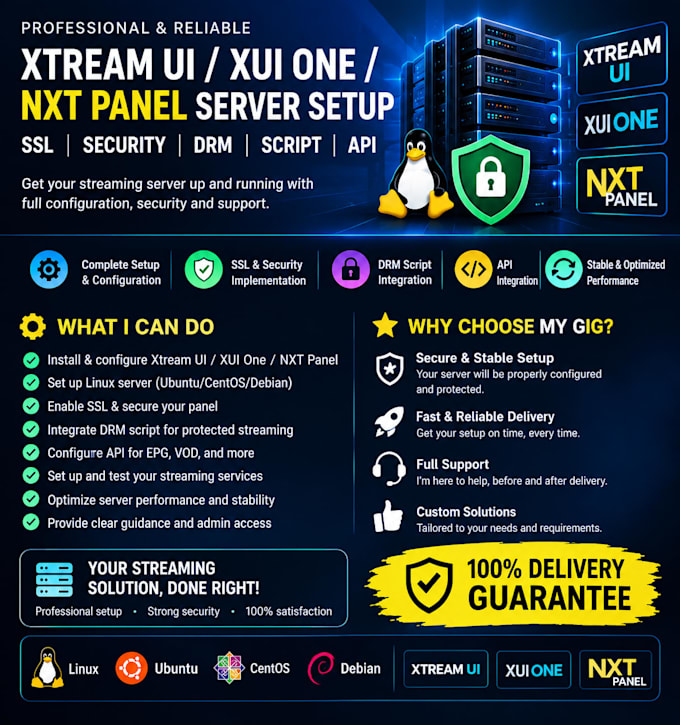 setup admin server, xtream ui, xui one, nxt panel, SSL security, drm script, API